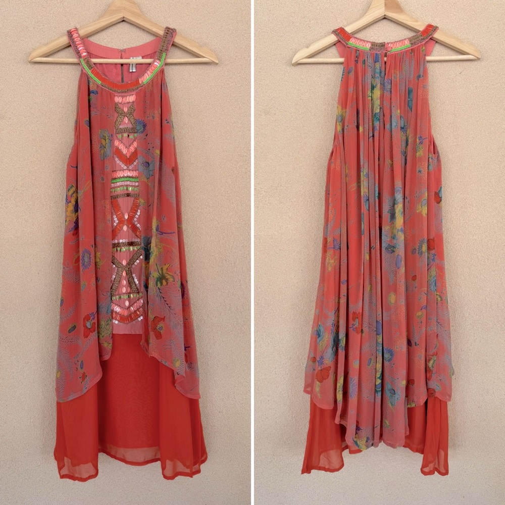 bl^nk London ANTHRO Beaded Layered Gossamer Coral Floral Dress Sz L